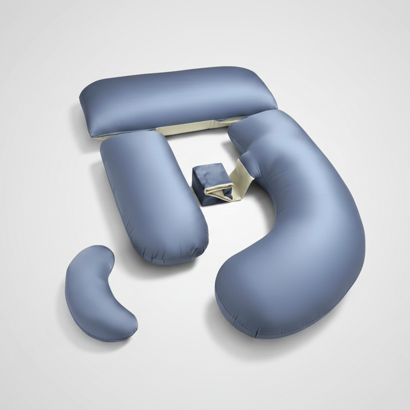 Coussin de grossesse modulable bleu, ergonomique pour femme enceinte, sur fond blanc