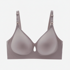Soutien-gorge gris sans armature, bretelles réglables, design lisse et ouverture centrale