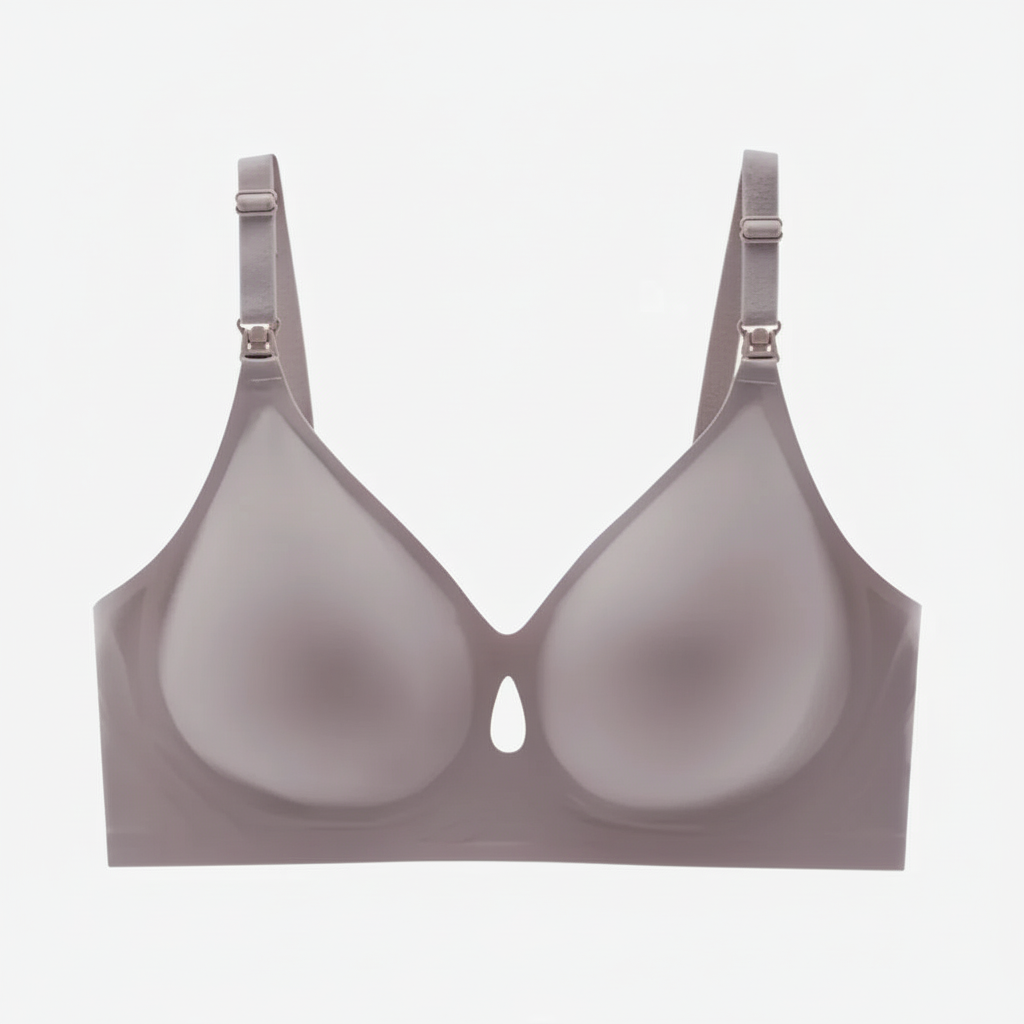 Soutien-gorge gris sans armature, bretelles réglables, design lisse et ouverture centrale