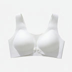 Soutien-gorge blanc sans coutures, bretelles larges, fermeture frontale, lingerie confortable.