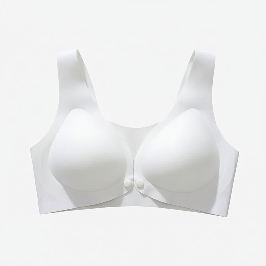 Soutien-gorge blanc sans coutures, bretelles larges, fermeture frontale, lingerie confortable.