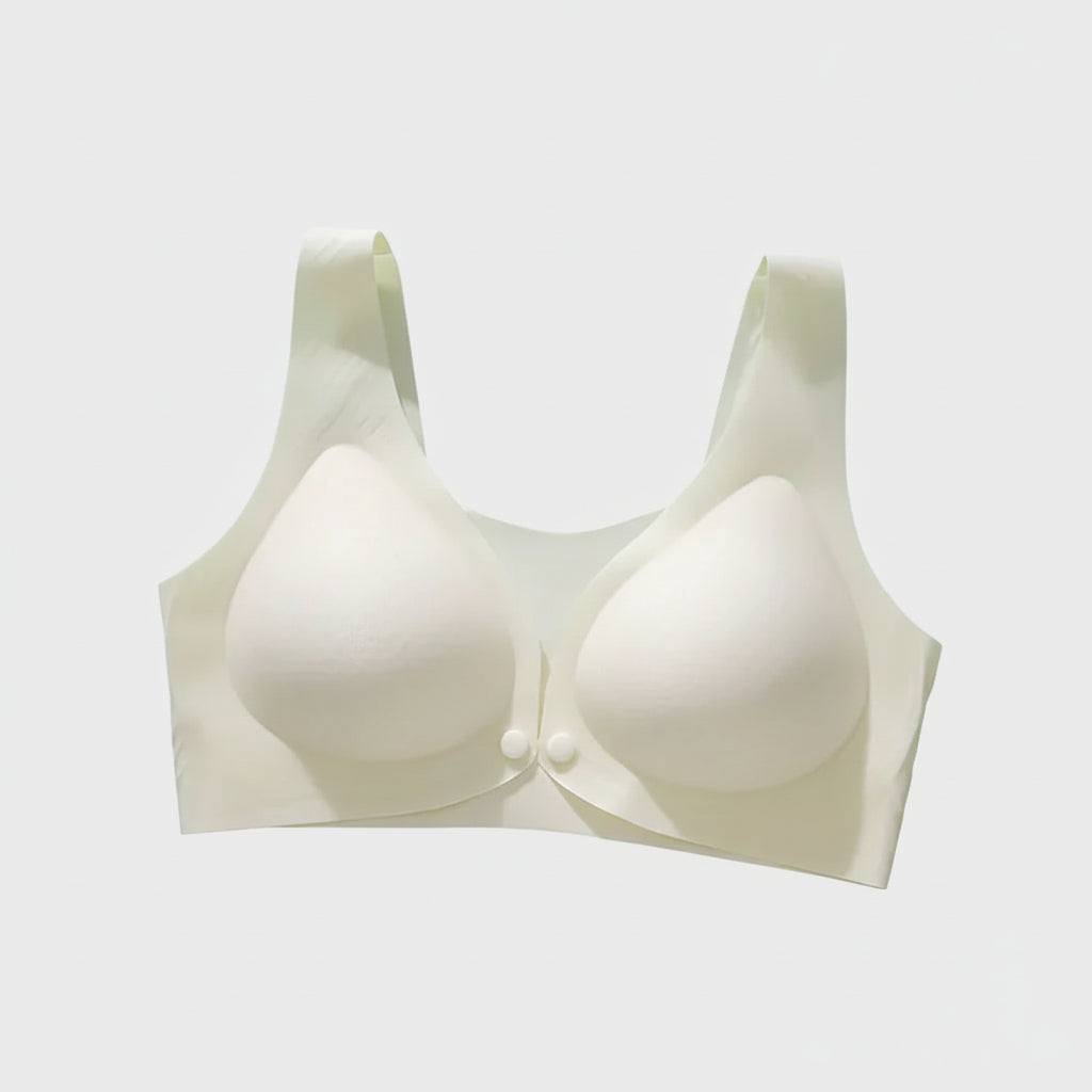 Soutien-gorge blanc sans coutures à armatures larges, fermeture frontale, pour femmes.